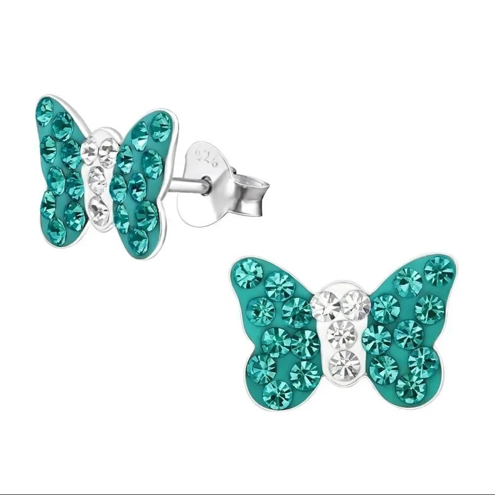Girls Crystal Sterling Silver Butterfly Earrings